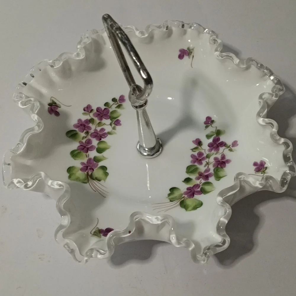 Fenton Silver Crest Violets Center Hnadle Server Tidbit Dish Vintage
